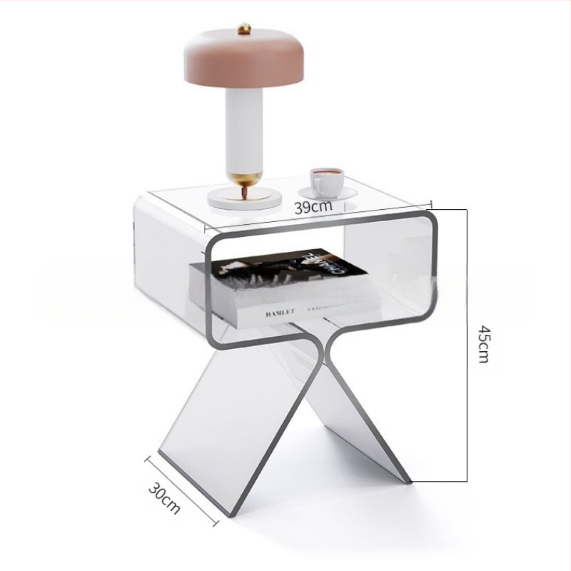 Minimālistisks caurspīdīgs akrila sānu galdiņš, divu līmeņu, uz grīdas, viesistabai un guļamistabai