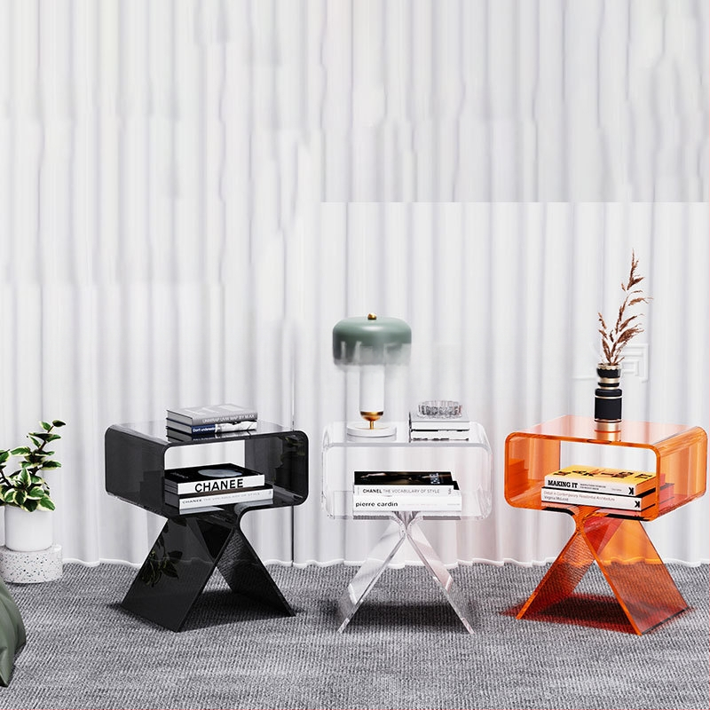 Minimālistisks caurspīdīgs akrila sānu galdiņš, divu līmeņu, uz grīdas, viesistabai un guļamistabai