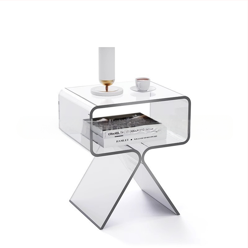 Minimālistisks caurspīdīgs akrila sānu galdiņš, divu līmeņu, uz grīdas, viesistabai un guļamistabai