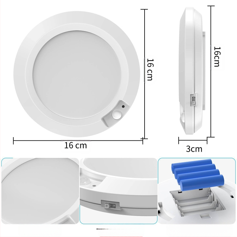 Maza kustības sensoru nakts gaisma, darbina ar sausām baterijām (4 AA nepieciešamas), apaļš formā, PC abažūrs
