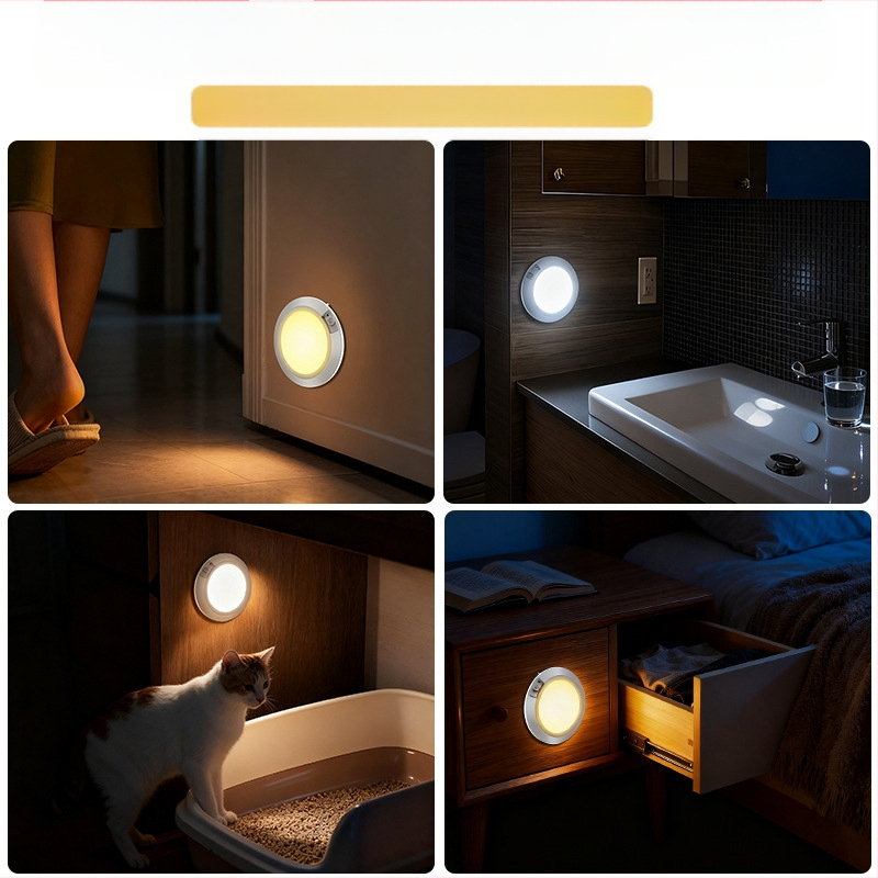 Maza kustības sensoru nakts gaisma, darbina ar sausām baterijām (4 AA nepieciešamas), apaļš formā, PC abažūrs