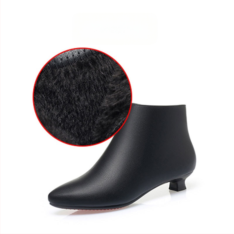 Sieviešu mikrošķiedras īsas zābaki, korejas stila, asas purns, 3–5 cm plata papēdis, sānu rāvējslēdzējs, mākslīgā kažokāde iekšējā oderē