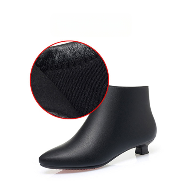 Sieviešu mikrošķiedras īsas zābaki, korejas stila, asas purns, 3–5 cm plata papēdis, sānu rāvējslēdzējs, mākslīgā kažokāde iekšējā oderē