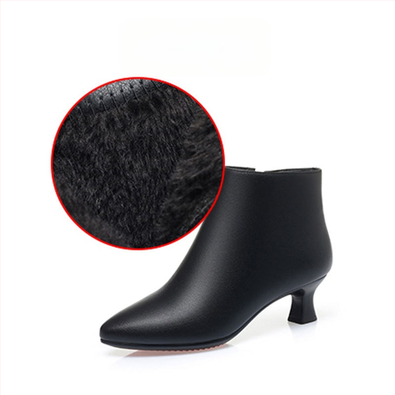 Sieviešu mikrošķiedras īsas zābaki, korejas stila, asas purns, 3–5 cm plata papēdis, sānu rāvējslēdzējs, mākslīgā kažokāde iekšējā oderē