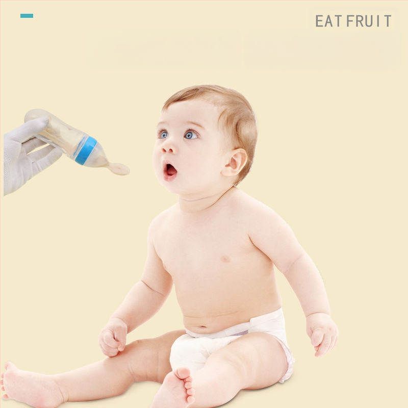 Zīdaiņu barošanas pudelīte ar silikona izspiešanas karotīti rīsu putrai — izliekta forma, plats diametrs, bez roktura