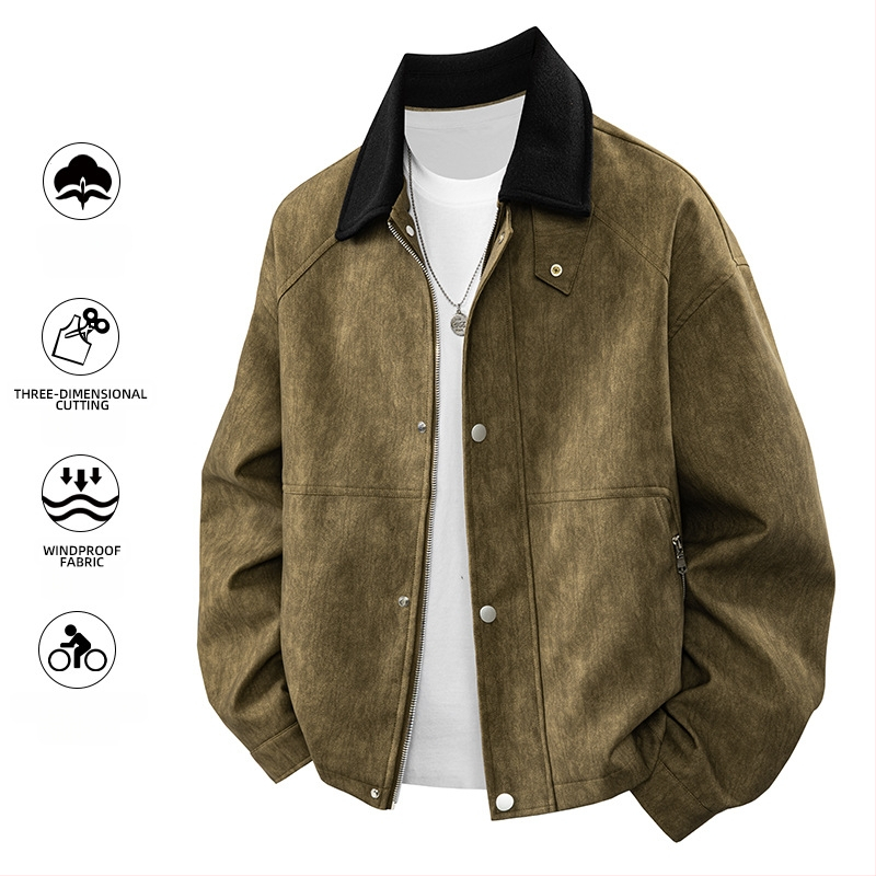 PU ādas jaka vīriešiem, nolaižams apkaklis, vienrindas aizvēršana, brīvs piegriezums, vidējās garuma (65–80 cm)