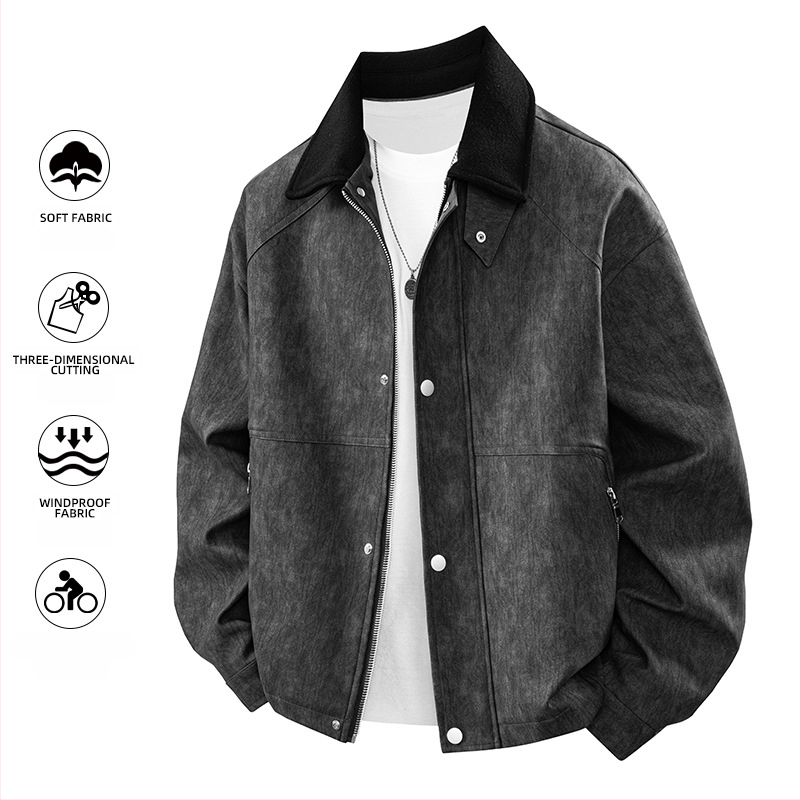 PU ādas jaka vīriešiem, nolaižams apkaklis, vienrindas aizvēršana, brīvs piegriezums, vidējās garuma (65–80 cm)
