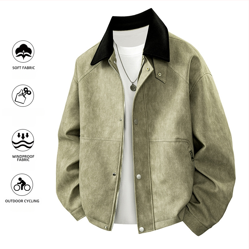 PU ādas jaka vīriešiem, nolaižams apkaklis, vienrindas aizvēršana, brīvs piegriezums, vidējās garuma (65–80 cm)