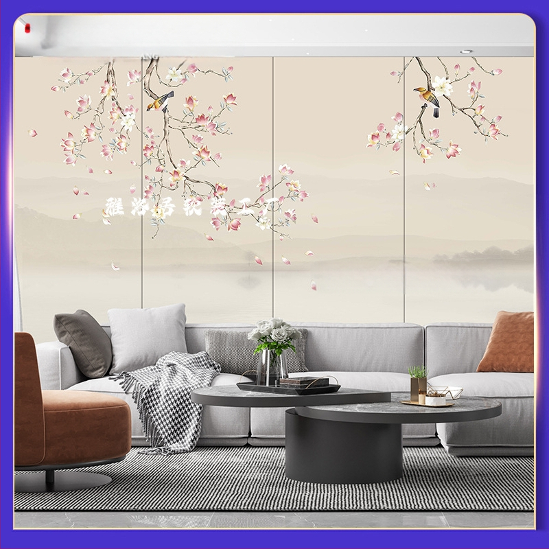 Izšūts sienas panelis - Jauns ķīniešu stila fona sienai ar ainavas rakstu, auduma apdare, dzīvojamajai istabai, guļamistabai, studijai vai ieejai; koka vene panelis pie gultas, kods 001