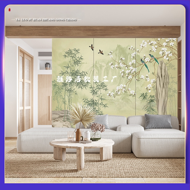 Izšūts sienas panelis - Jauns ķīniešu stila fona sienai ar ainavas rakstu, auduma apdare, dzīvojamajai istabai, guļamistabai, studijai vai ieejai; koka vene panelis pie gultas, kods 001