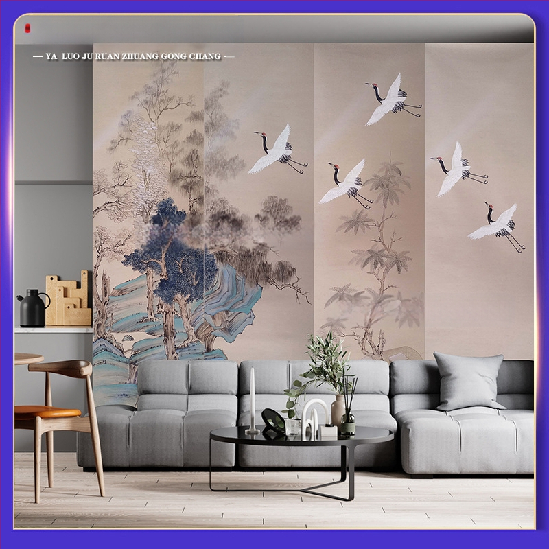 Izšūts sienas panelis - Jauns ķīniešu stila fona sienai ar ainavas rakstu, auduma apdare, dzīvojamajai istabai, guļamistabai, studijai vai ieejai; koka vene panelis pie gultas, kods 001