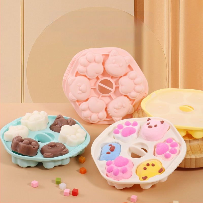 Formă circulară din silicon, cu motiv de labă de pisică, alimentară, pentru prăjituri aburite și coapte, gustări pentru bebeluși