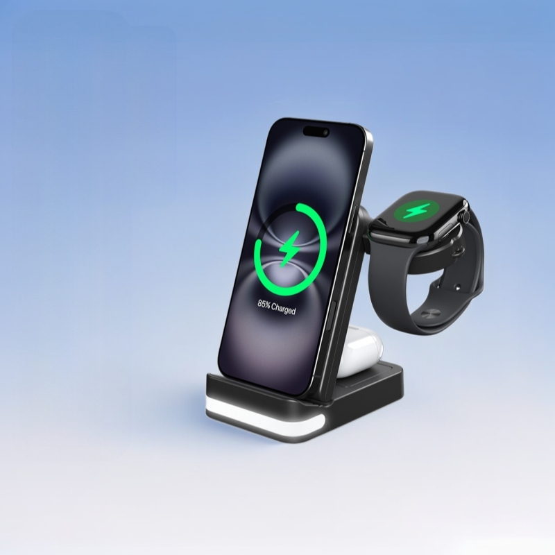 Trys viename sulankstomas belaidis įkroviklis - 15W greitas įkrovimas, QC3.0, magnetinis įkrovimas, CE/FCC/ROHS