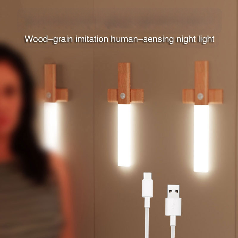 Krustveid nakts gaisma ar kustības sensoru, koka imitācija, uzlādējama LED sienas lampiņa ar magnētisku piestiprināšanu
