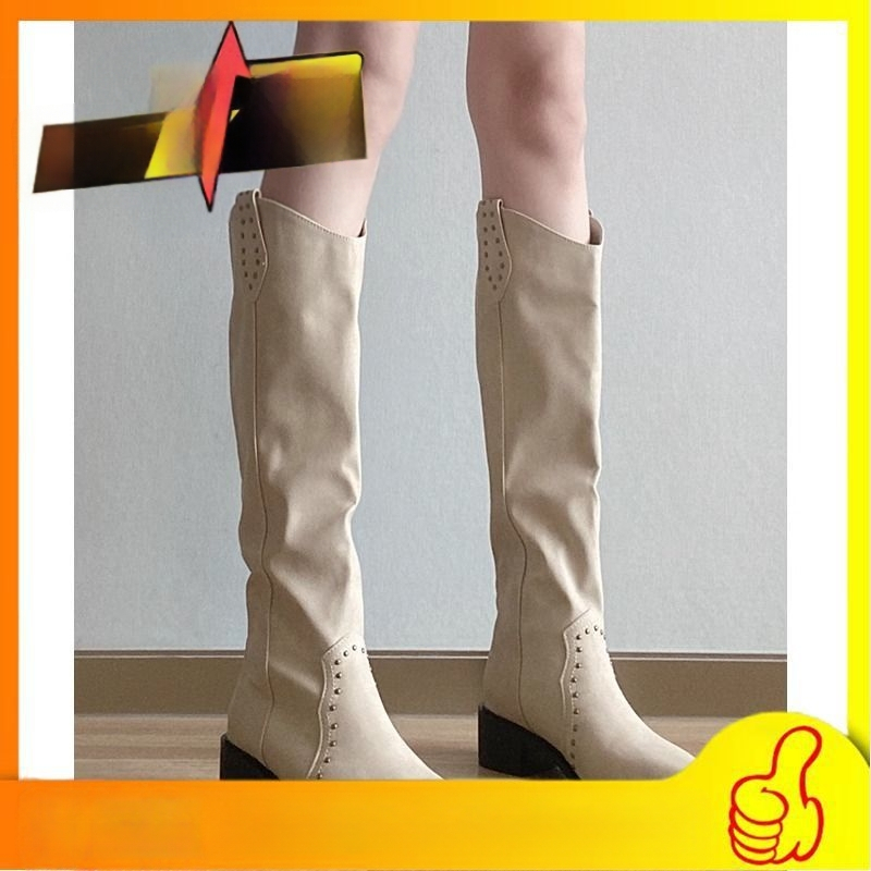 Moteriški vesterno stiliaus batai, aukštas shaftas, apvali nosis, slip-on, Ultra-Fine Fiber viršus, gumos padas