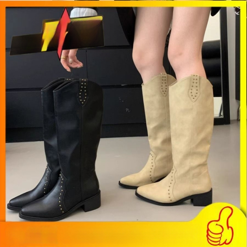 Moteriški vesterno stiliaus batai, aukštas shaftas, apvali nosis, slip-on, Ultra-Fine Fiber viršus, gumos padas