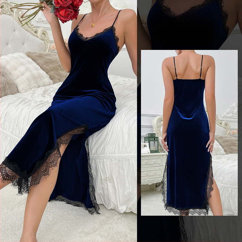 Bársonos hálóing ujjatlan, sling-stílusú pántokkal, hosszú fazon, poliészter