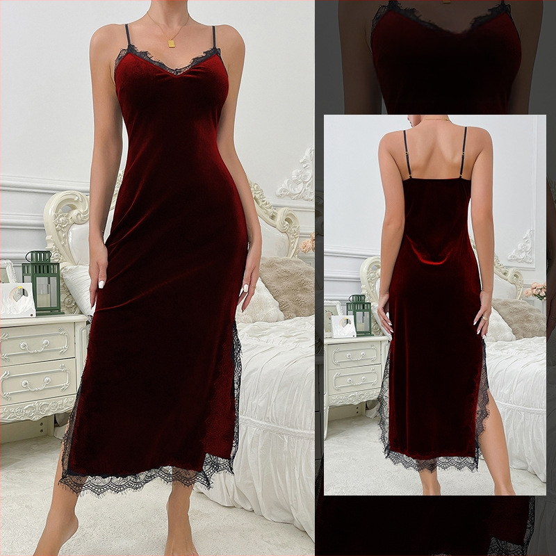 Bársonos hálóing ujjatlan, sling-stílusú pántokkal, hosszú fazon, poliészter