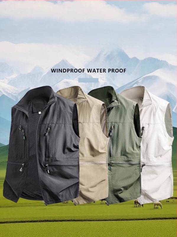 Vīriešu darba veste ar daudzām kabatām - brīvs piegriezums, stāvā apkakle, rāvējslēdzēja aizdare, elpojošs poliestera materiāls, vienkrāsaina, pavasara–rudens sezona