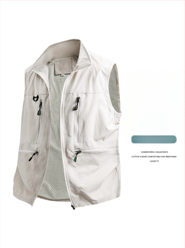 Vīriešu darba veste ar daudzām kabatām - brīvs piegriezums, stāvā apkakle, rāvējslēdzēja aizdare, elpojošs poliestera materiāls, vienkrāsaina, pavasara–rudens sezona