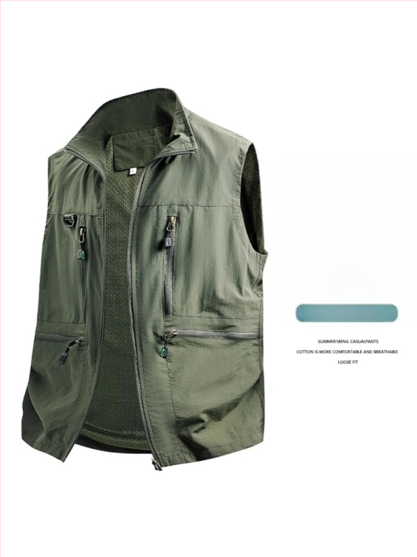 Vīriešu darba veste ar daudzām kabatām - brīvs piegriezums, stāvā apkakle, rāvējslēdzēja aizdare, elpojošs poliestera materiāls, vienkrāsaina, pavasara–rudens sezona