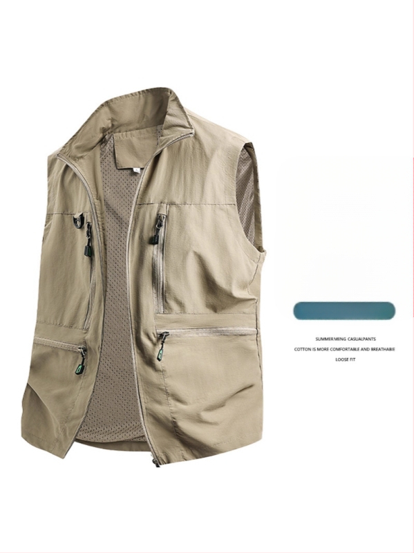 Vīriešu darba veste ar daudzām kabatām - brīvs piegriezums, stāvā apkakle, rāvējslēdzēja aizdare, elpojošs poliestera materiāls, vienkrāsaina, pavasara–rudens sezona