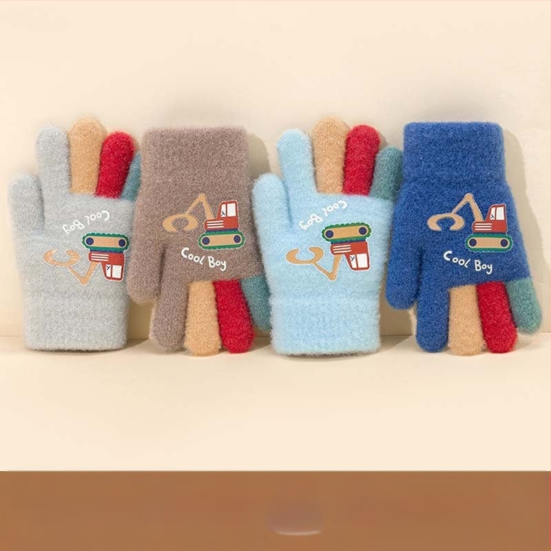 Adīti bērnu pirkstu cimdi – karikatūrais ekskavators, silts, druka, vecums 5–12 gadi