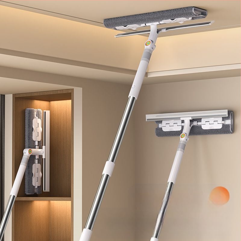 Plakanais mops mājas lietošanai ar ultrafīnām mikrošķiedras galvu, nerūsējošā tērauda kātu, rulīšu izspiešanas mehānismu, 4‑in‑1 logu, sienu, skapju un grīdas tīrīšana