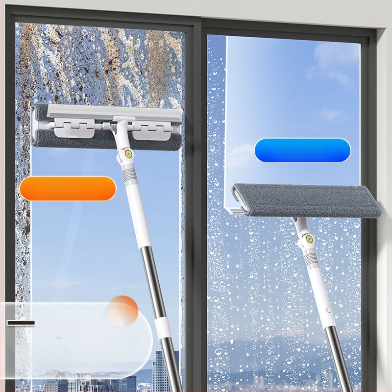 Plakanais mops mājas lietošanai ar ultrafīnām mikrošķiedras galvu, nerūsējošā tērauda kātu, rulīšu izspiešanas mehānismu, 4‑in‑1 logu, sienu, skapju un grīdas tīrīšana