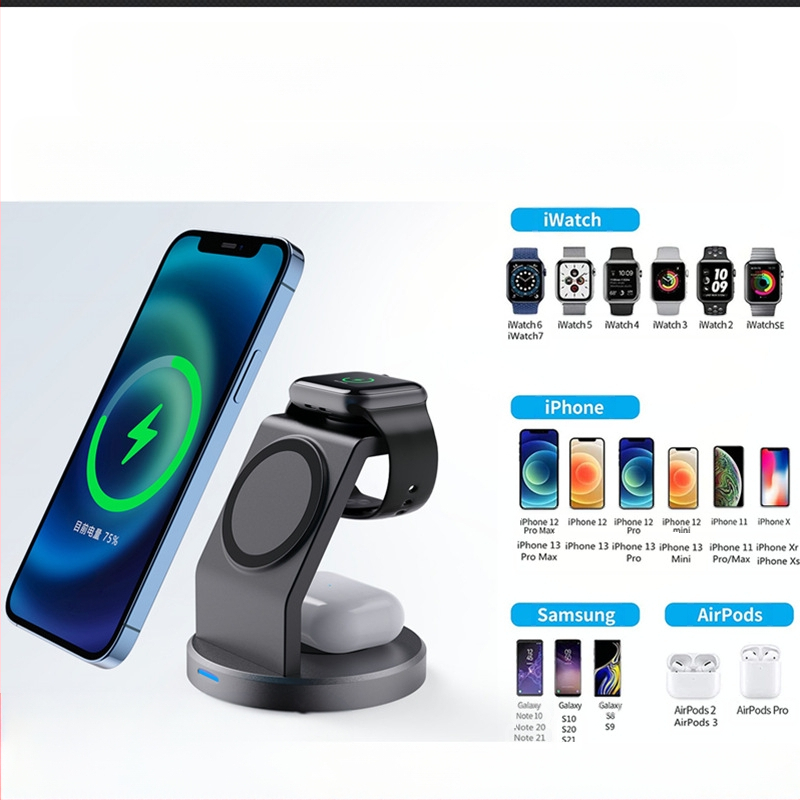 3-in-1 magnētiskais bezvadu lādētājs ar vertikālu tālruņa statīvu un pulksteņa uzlādes atbalstu – 15W ātra uzlāde QC3.0, universāla saderība