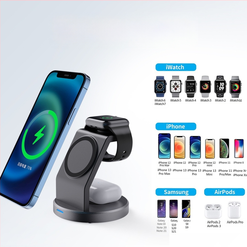 3-in-1 magnētiskais bezvadu lādētājs ar vertikālu tālruņa statīvu un pulksteņa uzlādes atbalstu – 15W ātra uzlāde QC3.0, universāla saderība