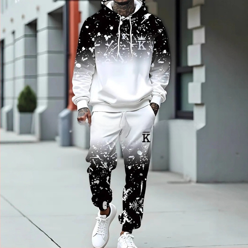 Divdaļīgs kapucēta džemperis un bikses komplekts ar burtiem drukāšanu, poliesters 96%+, brīvs piegriezums, rudens