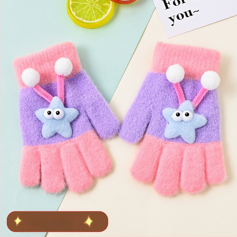 Bērnu pilnpirkstu cimdi, no kokvilnas šķiedras, svītrainais raksts, karikatūras stils, vecums 3–6 gadi