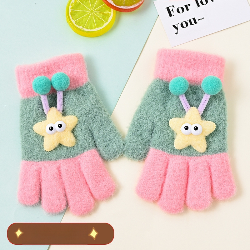 Bērnu pilnpirkstu cimdi, no kokvilnas šķiedras, svītrainais raksts, karikatūras stils, vecums 3–6 gadi