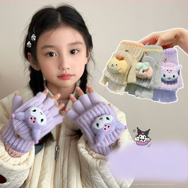 Bērnu vilnas siltas pirkstveidīgas cimdi ar pusprstu dizainu, karikatūras raksts, vecums 5–12 gadi
