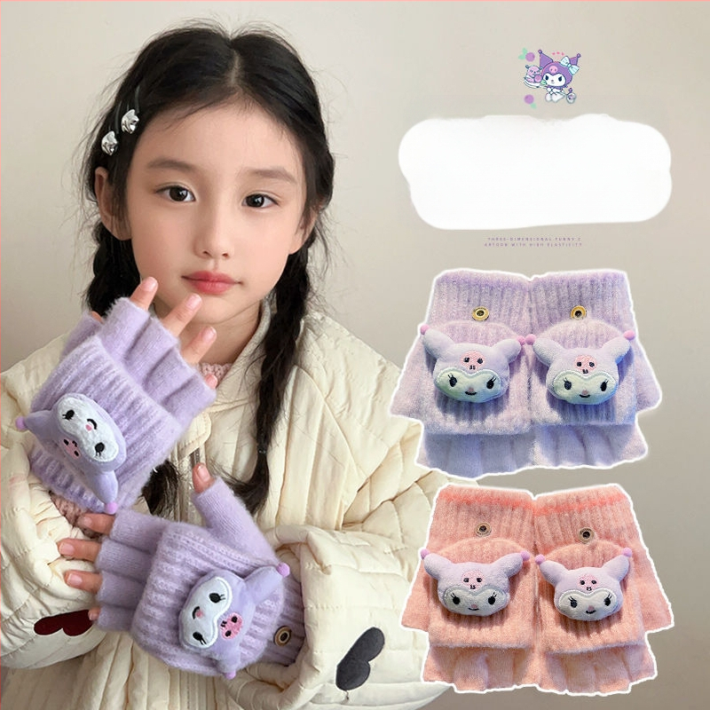 Bērnu vilnas siltas pirkstveidīgas cimdi ar pusprstu dizainu, karikatūras raksts, vecums 5–12 gadi