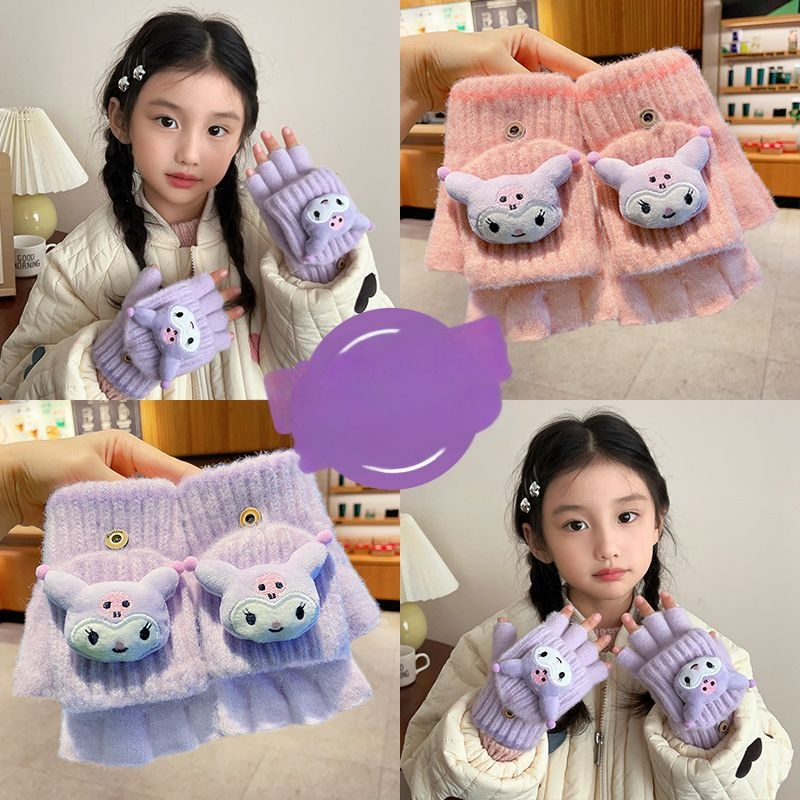 Bērnu vilnas siltas pirkstveidīgas cimdi ar pusprstu dizainu, karikatūras raksts, vecums 5–12 gadi