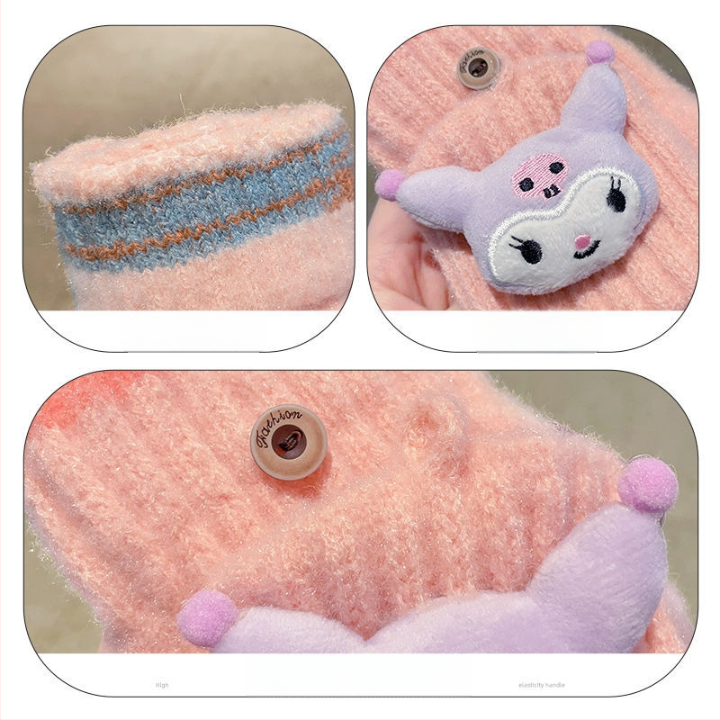 Bērnu vilnas siltas pirkstveidīgas cimdi ar pusprstu dizainu, karikatūras raksts, vecums 5–12 gadi