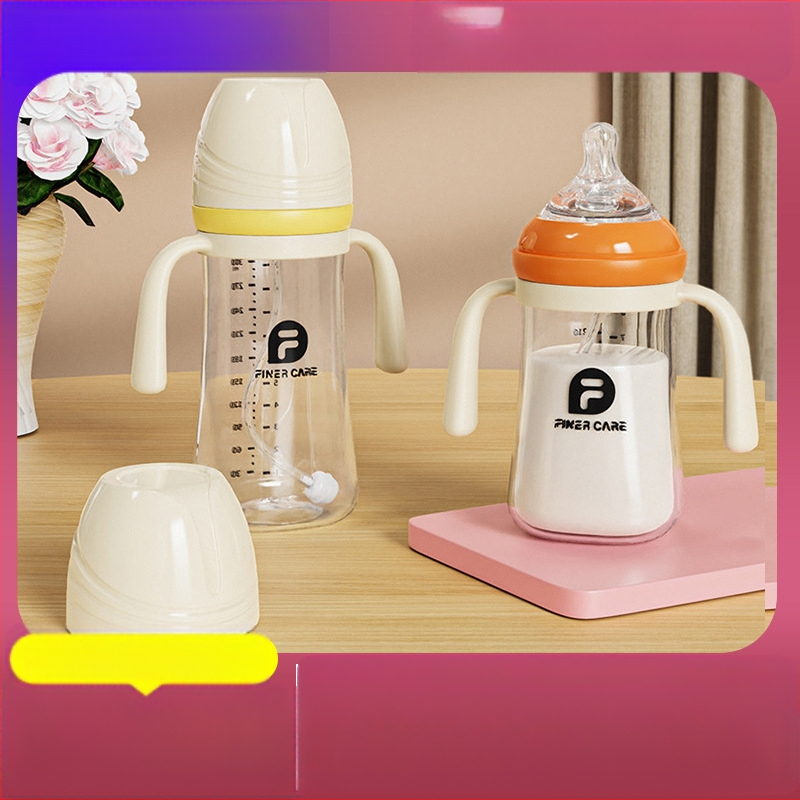 Bērnu barošanas pudelīte ar platāku atveri, no PP materiāla, izliektu dizainu, ar rokturi, pret aizrīšanos, pret uzpūšanos