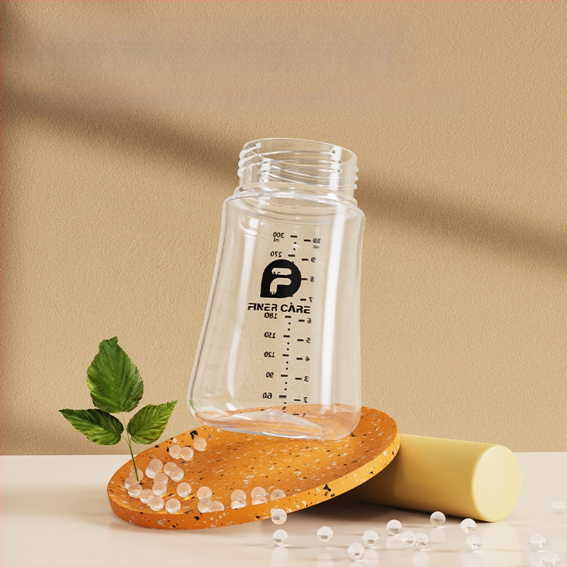 Bērnu barošanas pudelīte ar platāku atveri, no PP materiāla, izliektu dizainu, ar rokturi, pret aizrīšanos, pret uzpūšanos