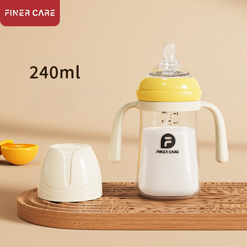 Bērnu barošanas pudelīte ar platāku atveri, no PP materiāla, izliektu dizainu, ar rokturi, pret aizrīšanos, pret uzpūšanos