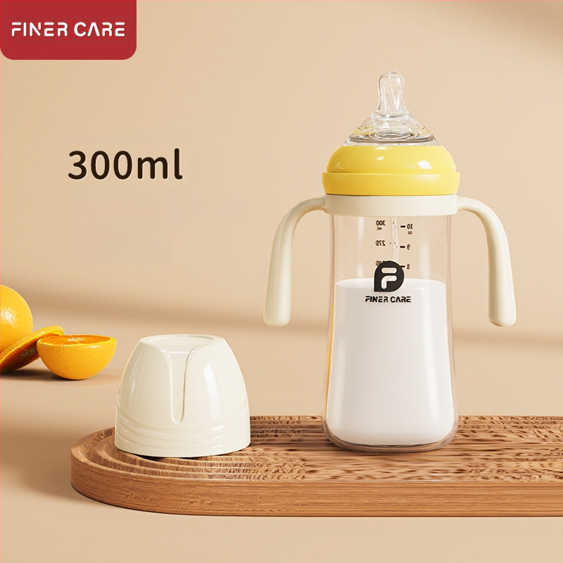 Bērnu barošanas pudelīte ar platāku atveri, no PP materiāla, izliektu dizainu, ar rokturi, pret aizrīšanos, pret uzpūšanos