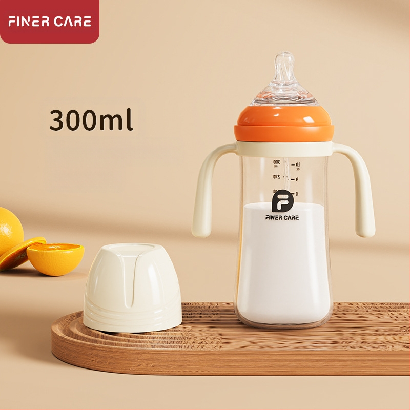 Bērnu barošanas pudelīte ar platāku atveri, no PP materiāla, izliektu dizainu, ar rokturi, pret aizrīšanos, pret uzpūšanos