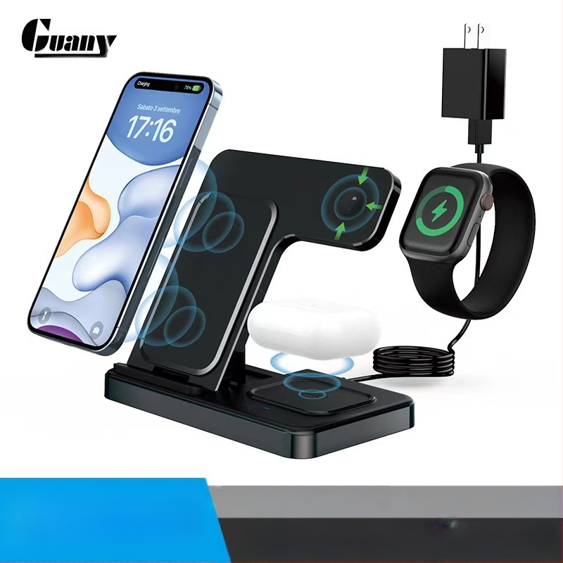 Sulankstomas belaidžio įkroviklis 3-in-1 su magnetiniu laikikliu telefonui, laikrodžiui ir ausinėms; išvestis 15W, įėjimas 9V/2A, QC3.0.