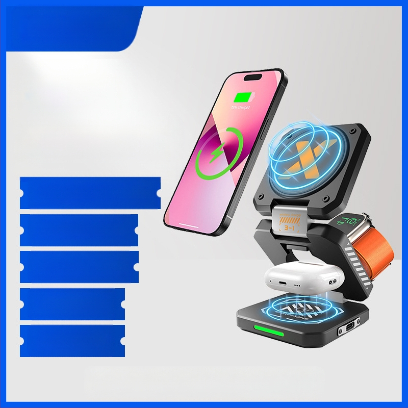 Magnētisks bezvadu uzlādes trīs vienā, saliekams Mecha stila dizains, PD/QC3.0, 15W, 2A