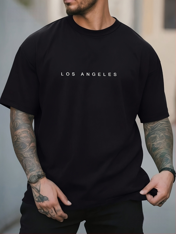 Vyrų Los Andželo grafikos marškinėliai – medvilnė (≥96%), apvalus kaklas, trumpomis rankovėmis, laisvas kirpimas