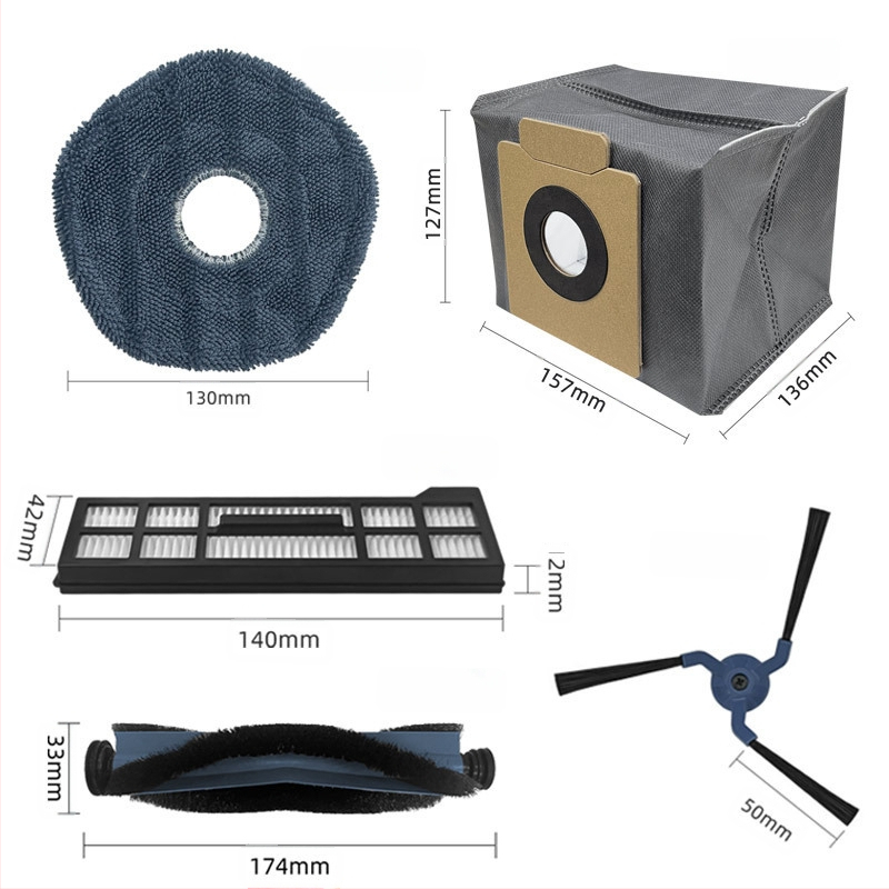 Eufy Encore X10pro OMNI robotporszívóhoz való fogyóeszközök: görgős kefefej, oldalsó kefefej, szűrőelem, felmosó ruha, porzsák