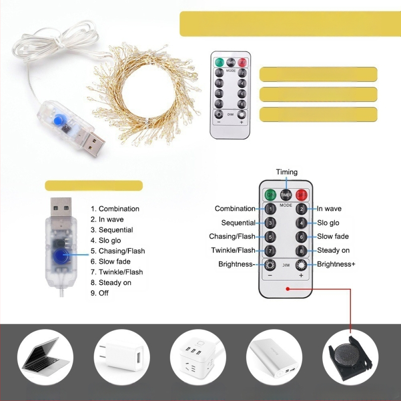 LED меден тел светлинен низ USB захранване, дистанционно управление, 5V, светлинки във формата на фойерверк