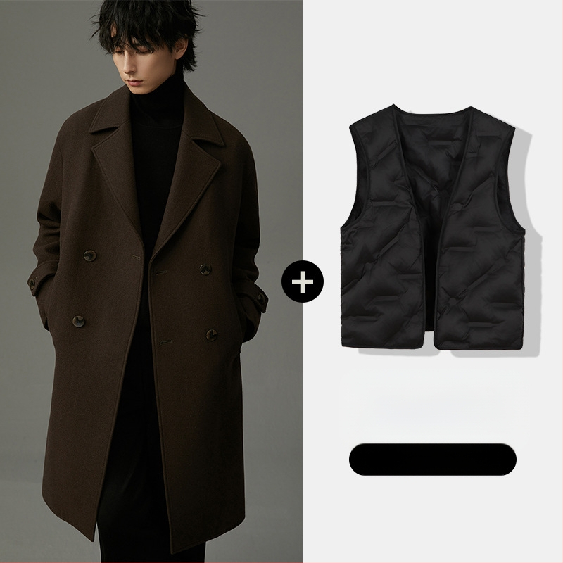Férfi kettős soros kabát, vastagított, koreai stílus, karcsú szabás, téli 2024