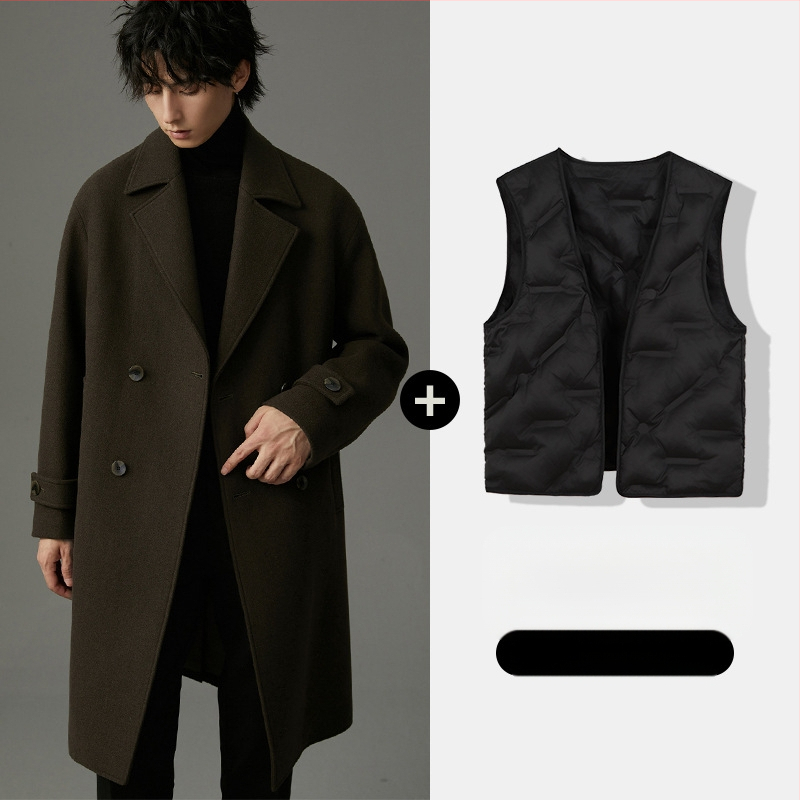 Férfi kettős soros kabát, vastagított, koreai stílus, karcsú szabás, téli 2024